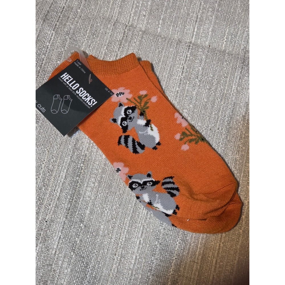 Hello Socks Womens Raccoon Floral Low Cut Ankle Socks Rust Orange OS 4-10 NEW